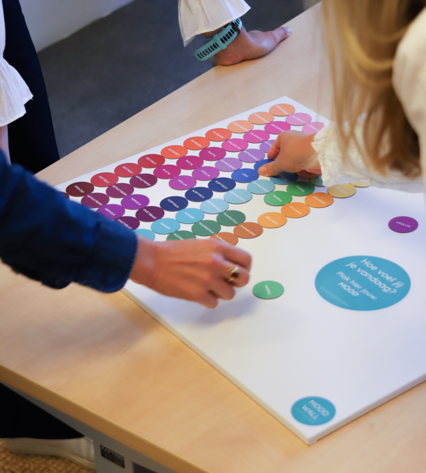 Medewerkers gebruiken de Mood Wall tijdens een vitaliteitsprogramma