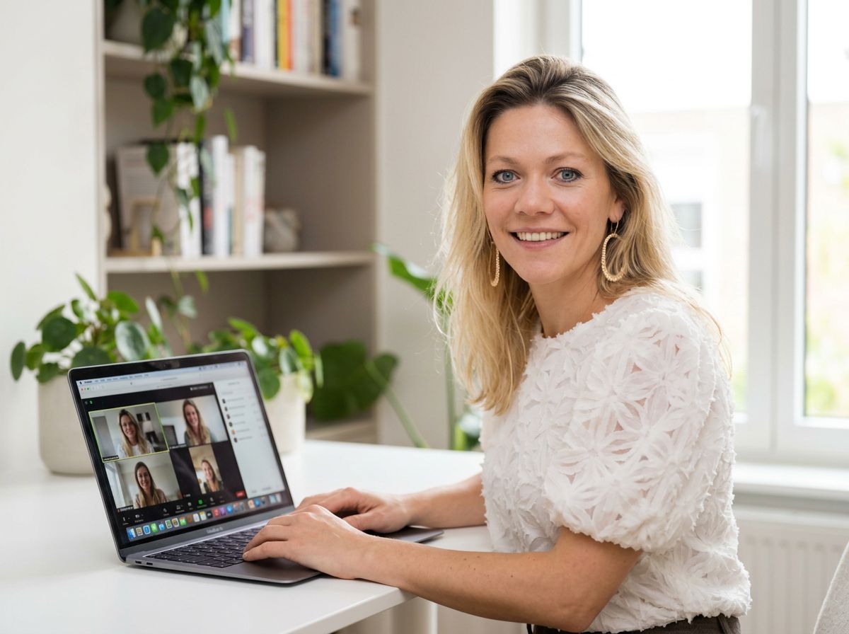 Voedingsdeskundige in witte blouse presenteert de online voedingsworkshop vanuit haar keuken