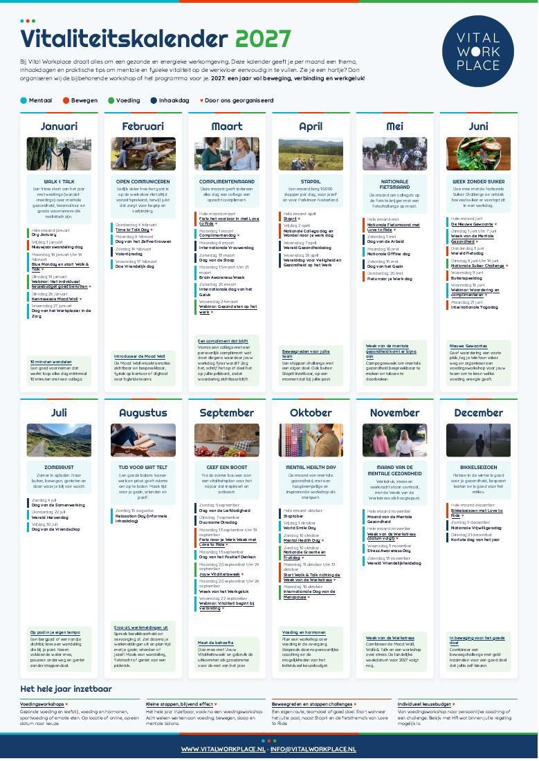 De voorbereide vitaliteitskalender 2027 met alle twaalf maanden, foto's en tips